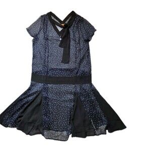 NWT Marycrafts Polka Dot Sheer Tie Neck Chiffon Fit Flare Dress Navy & Black L